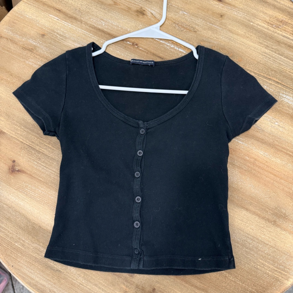 Brandy Melville Black Button-Up Short Sleeve Top